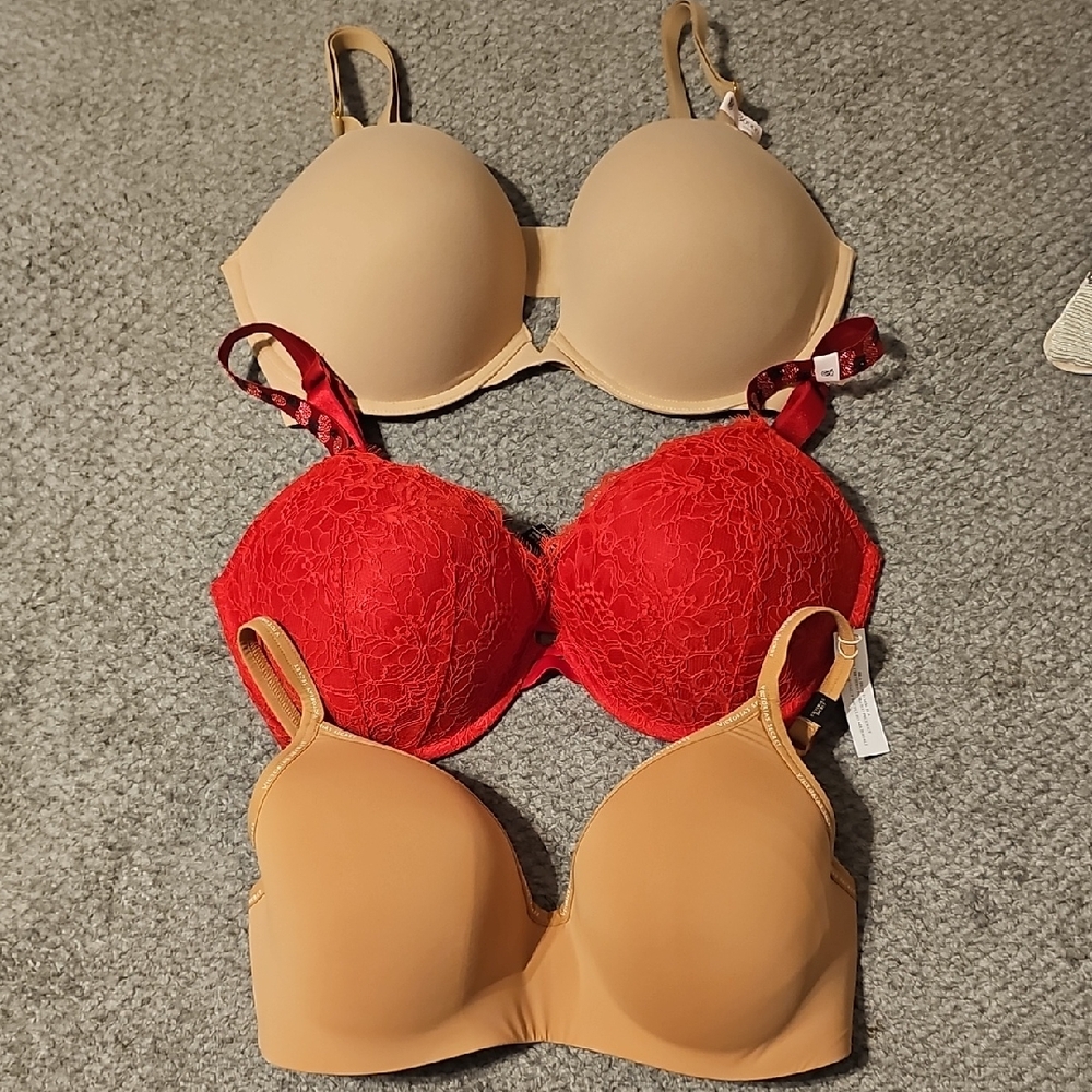 Victoria's Secret Cherry Rhinestone Lace, Wireless T-Shirt, Push UP BUNDLE 36DDD